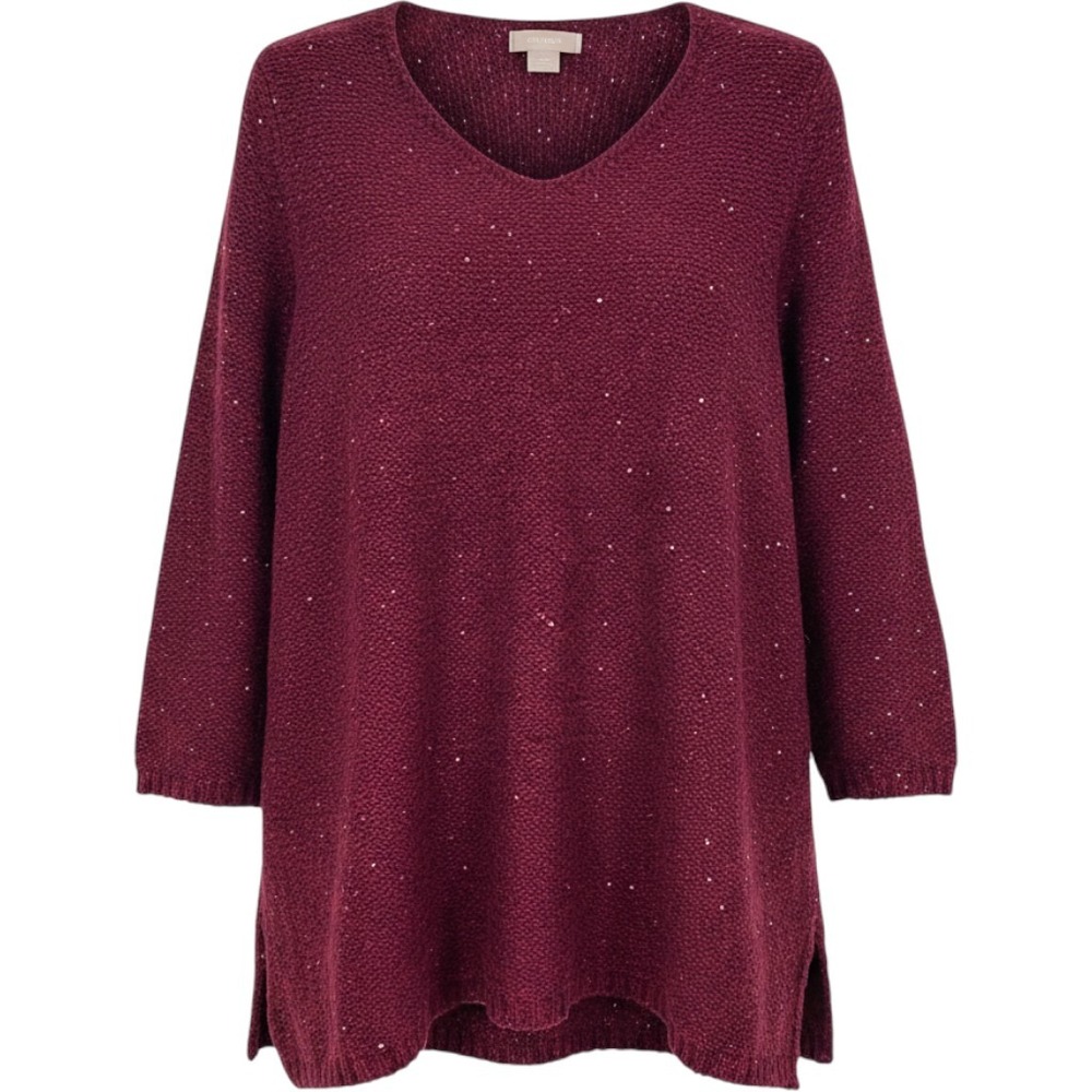 CHICO'S 1 Sequin Sparkly Sweater Medium 8 Burgundy V-Neck 3/4 Sleeve Boucle LS